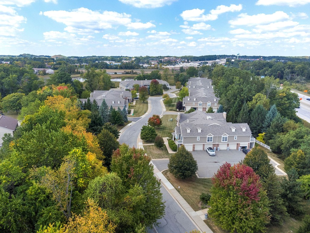 A bird's eye view of a residential area with houses and trees.