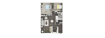 A floor plan of a two-bedroom apartment with a living room, dining area, kitchen, and laundry room.