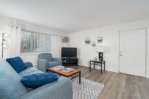 A living room with a grey couch and a coffee table.