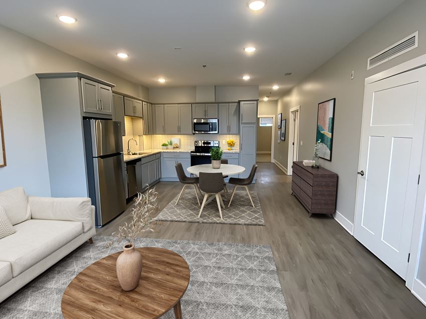 Open concept kitchen at Gateway at Belknap Apartments in Grand Rapids, MI