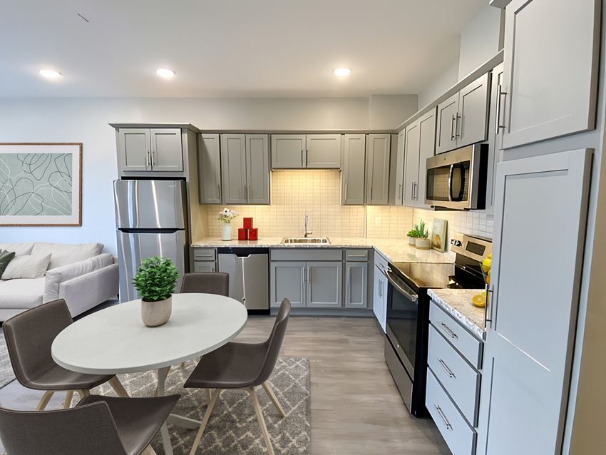 Open concept kitchen at Gateway at Belknap Apartments in Grand Rapids, MI