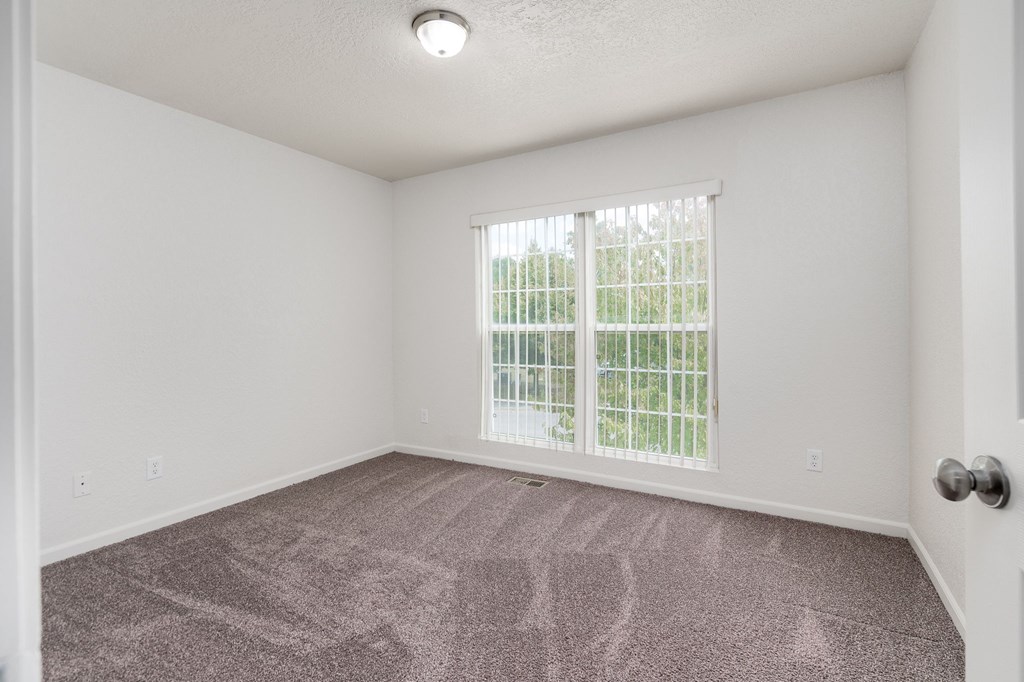 A room with a carpeted floor and a window with blinds.