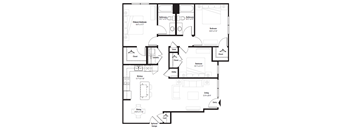 A black and white image of a house floor plan with a living room, two bedrooms, a kitchen, a dining room, two bathrooms, a laundry room, and a closet.