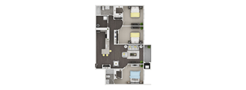 A floor plan of a small apartment with a kitchen, living room, and bathroom.