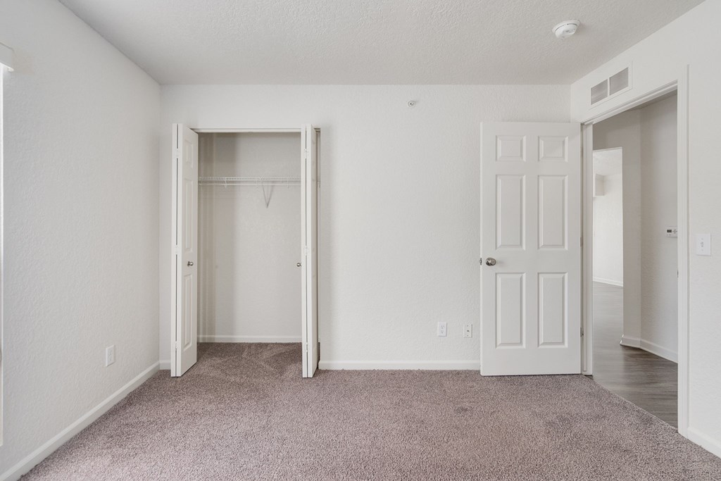 A white room with a door and a carpet.