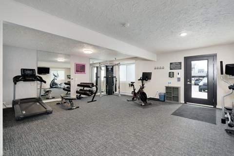 A gym with a variety of equipment including treadmills, weights, and exercise bikes.