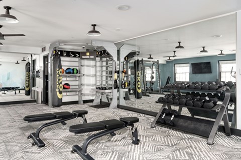 A gym with a variety of equipment including weights and a bench.