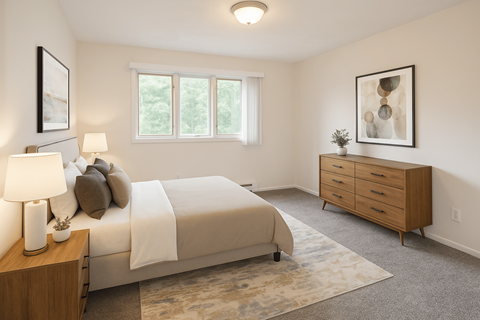 A bedroom with a bed, nightstand, and a painting on the wall.