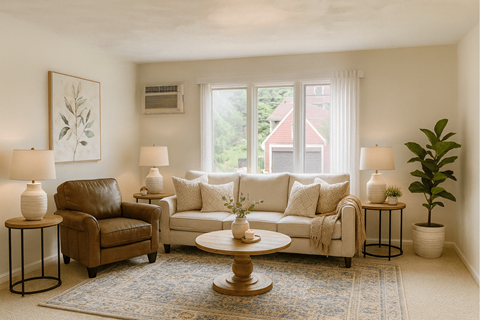 A living room with a brown leather chair, a white couch, and a rug.