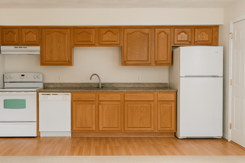 A kitchen with wooden cabinets and white appliances.