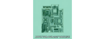 A poster advertising a waitlist for 2027 with a floor plan of a room.