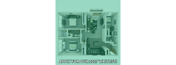 A poster advertising a waitlist for 2027 in front of a dollhouse.