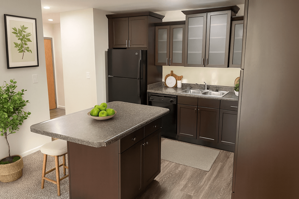 A kitchen with brown cabinets and a black fridge.