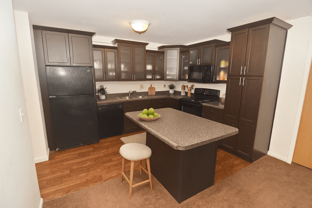 A kitchen with a black fridge and brown cabinets.