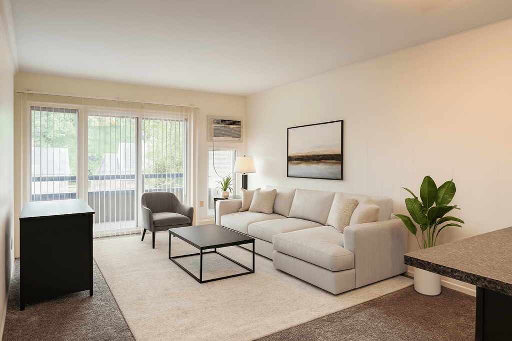 A living room with a grey couch, a black cabinet, and a coffee table.