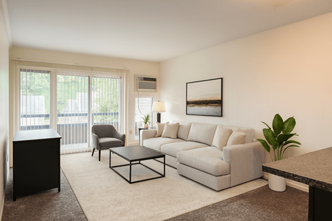 A living room with a grey couch, a black cabinet, and a coffee table.