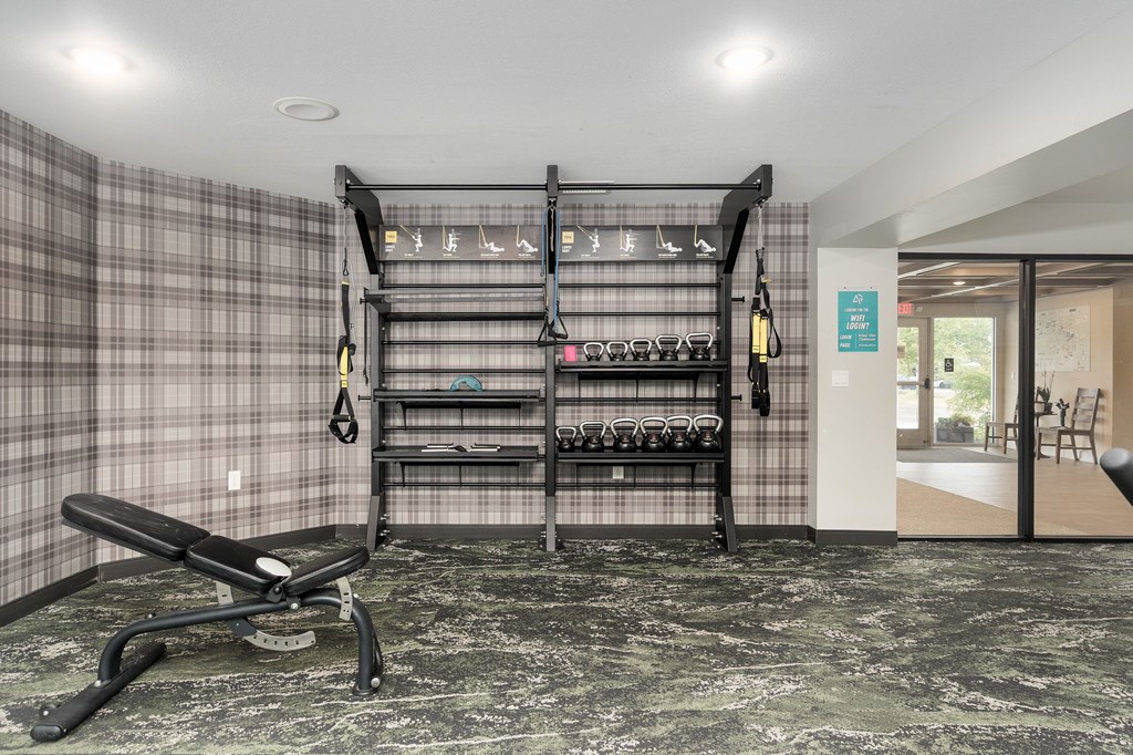 A gym room with a bench, weights, and a squat rack.