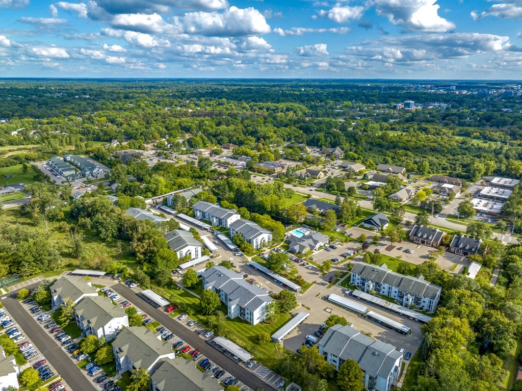an aerial view of a neighborhood with houses and trees