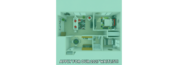 A poster advertising a waitlist for 2027 with a detailed floor plan of a house.