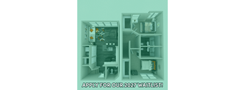 A poster advertising a waitlist for 2027 with two images of a room.