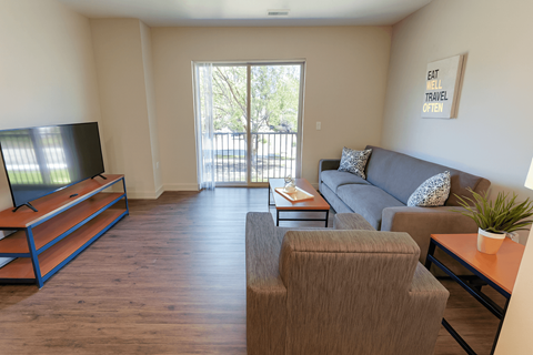 A living room with a grey couch and a wooden floor.
