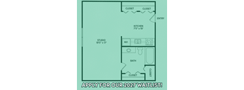 A floor plan of a studio apartment is displayed with a call to action to apply for a 2027 waitlist.