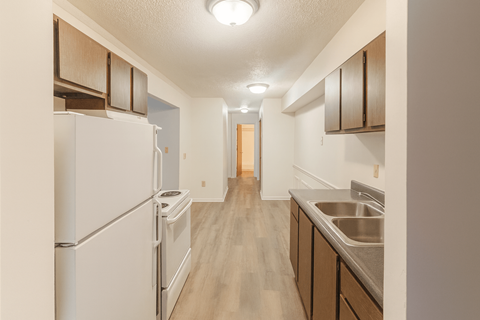 A kitchen with a white refrigerator and a sink.