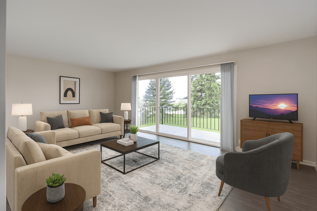 A living room with a couch, chair, and television.