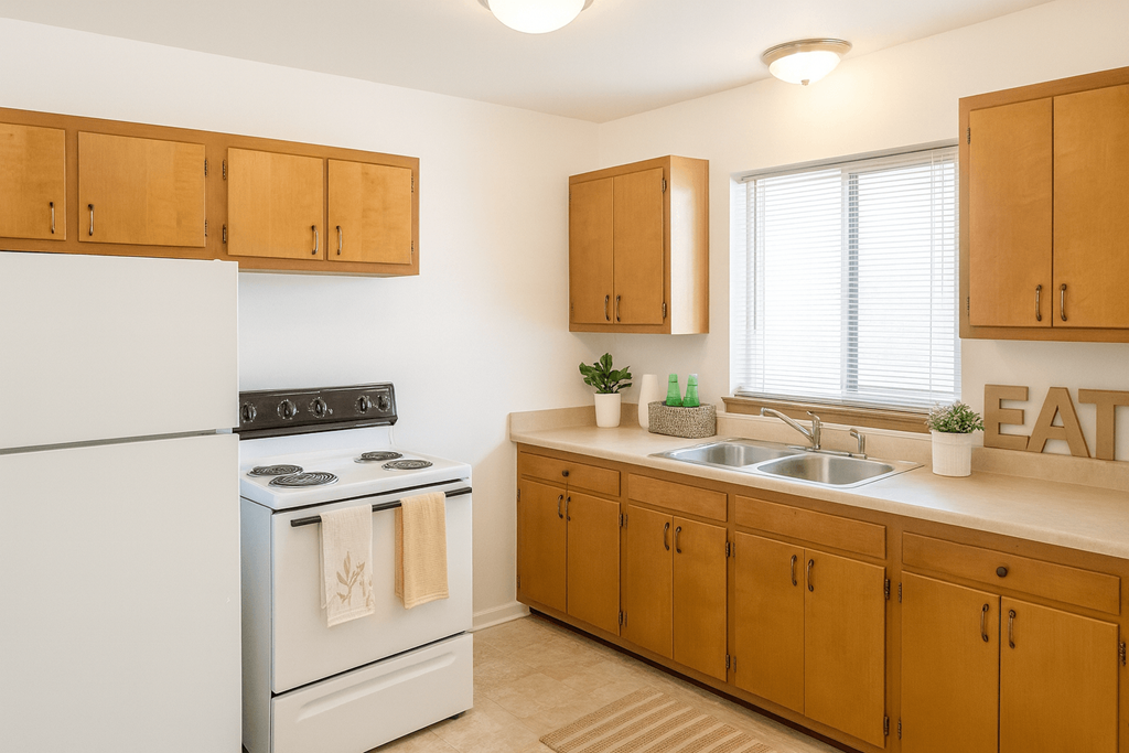 A kitchen with wooden cabinets and a white refrigerator.