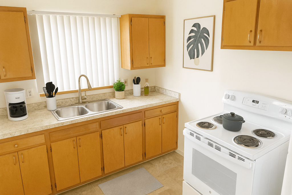 A kitchen with a white stove and wooden cabinets.