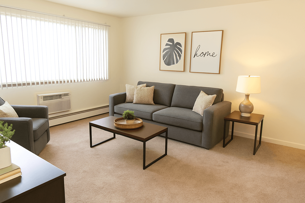 A living room with a grey couch, a black coffee table, and a lamp.