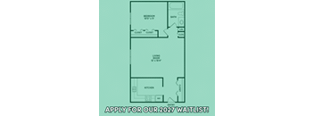 A floor plan of a one bedroom apartment is advertised for a waitlist.
