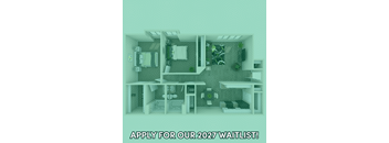 A poster advertising a waitlist for 2027 with a stylized image of a room.