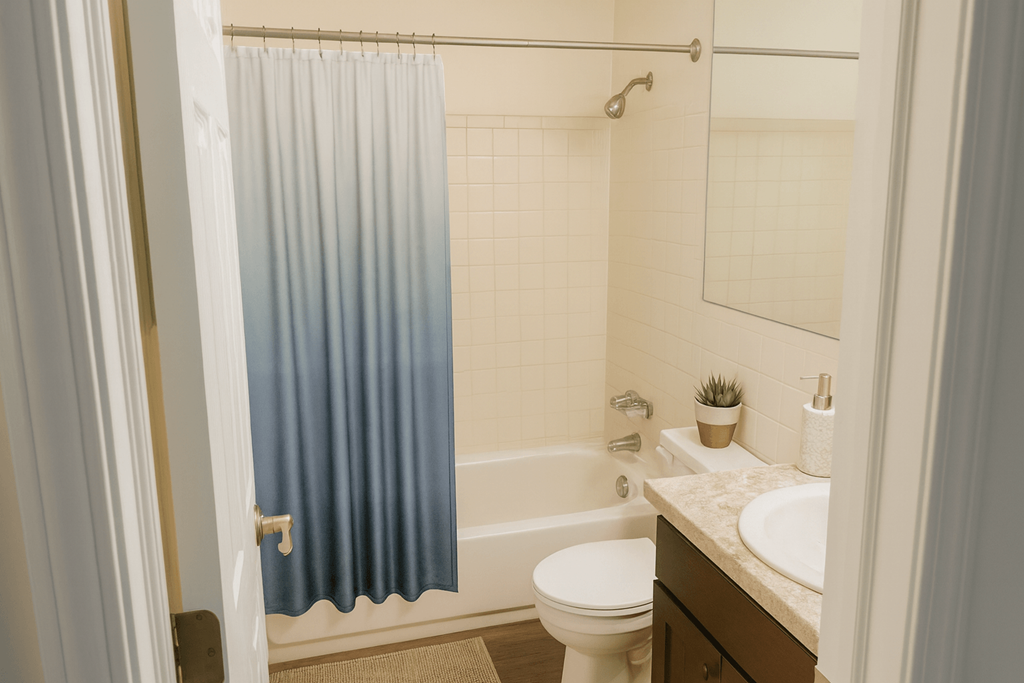 A bathroom with a white toilet, a blue shower curtain, and a white sink.