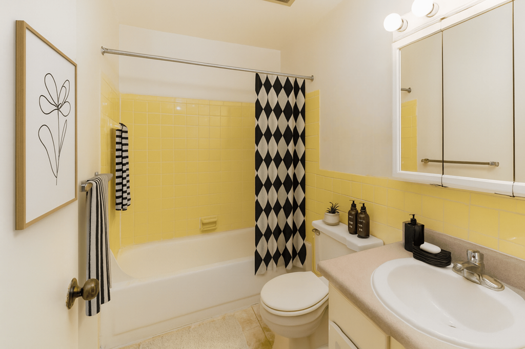 A bathroom with yellow tiles and a black and white shower curtain.