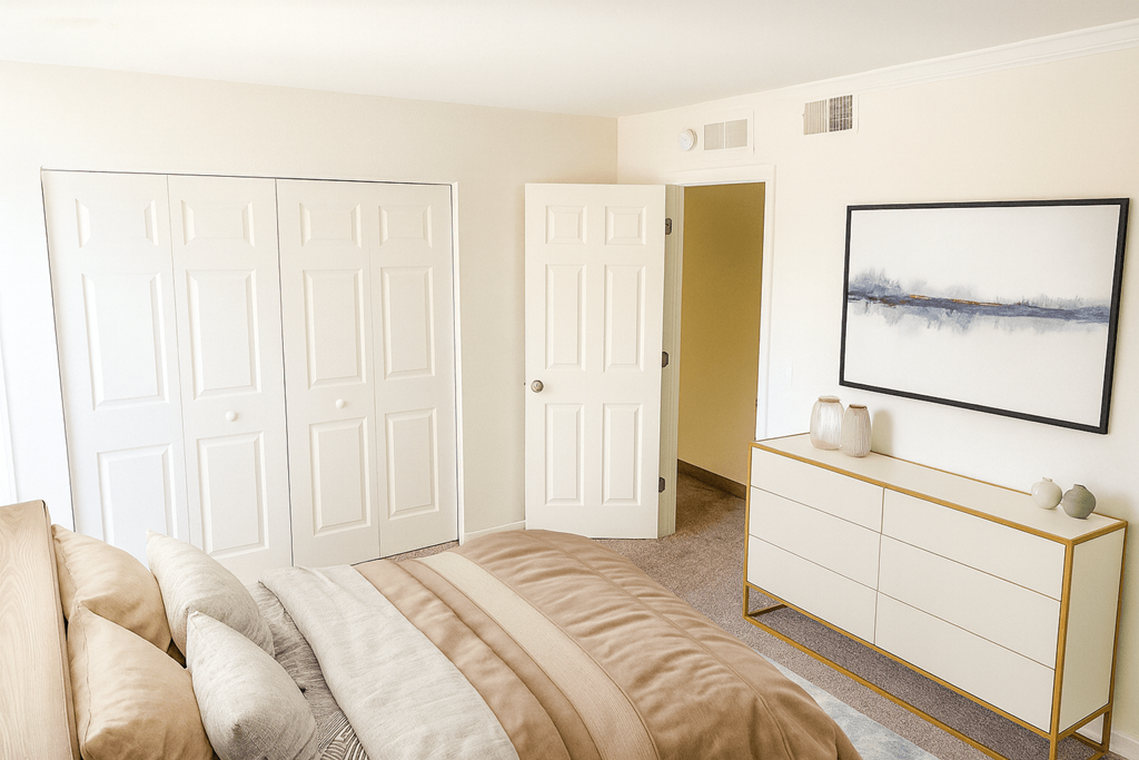 A bedroom with a bed, a dresser and a painting on the wall.