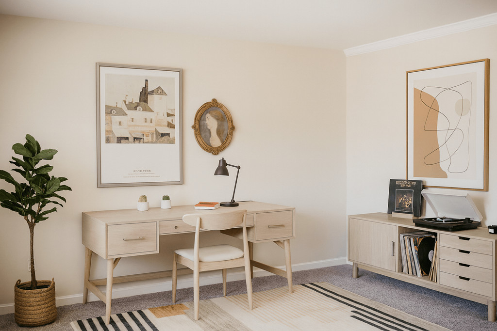 A room with a desk, chair, and a plant.