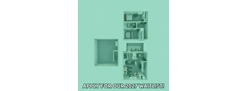 A poster with a waitlist for 2027 and images of a room with a bed, a kitchen, and a bathroom.