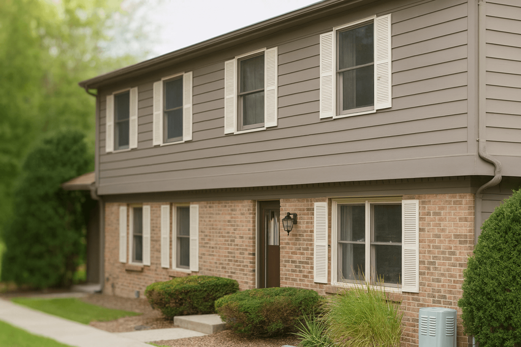 A house with a grey siding and a brown brick wall.