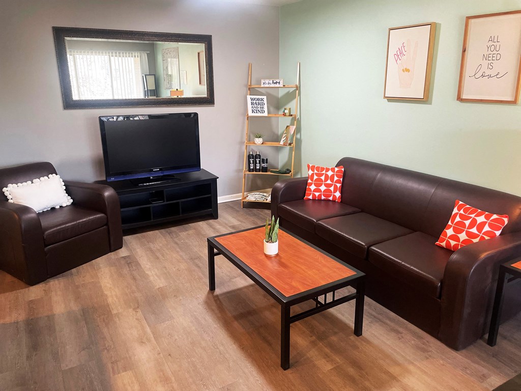a living room with couches and a coffee table and a television