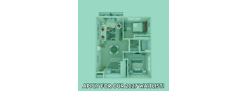 A poster advertising a waitlist for 2027 with a detailed floor plan of a house.