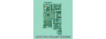 A poster with a dollhouse and the text "APPLY FOR OUR 2027 WAITLIST!"