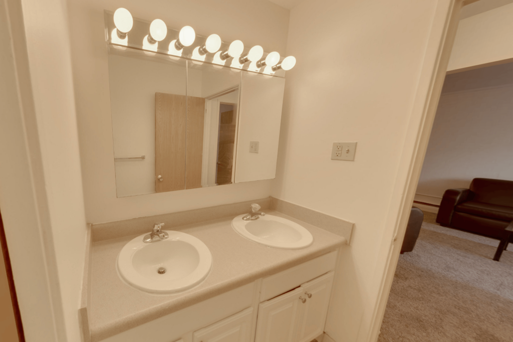 A bathroom with two sinks and a mirror.