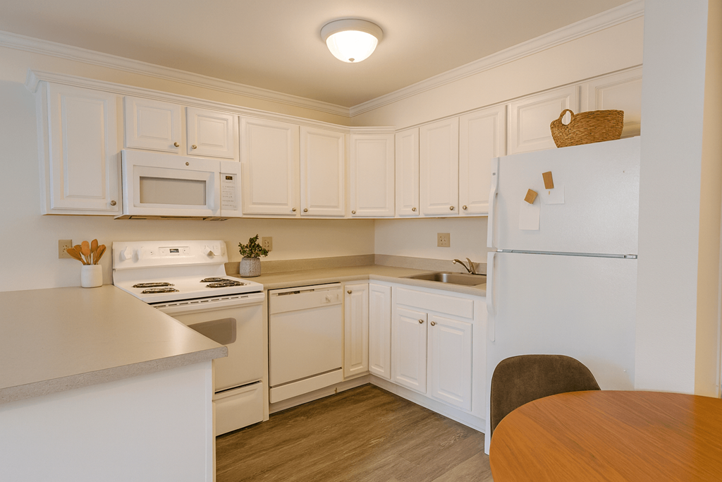 A kitchen with white cabinets and appliances.