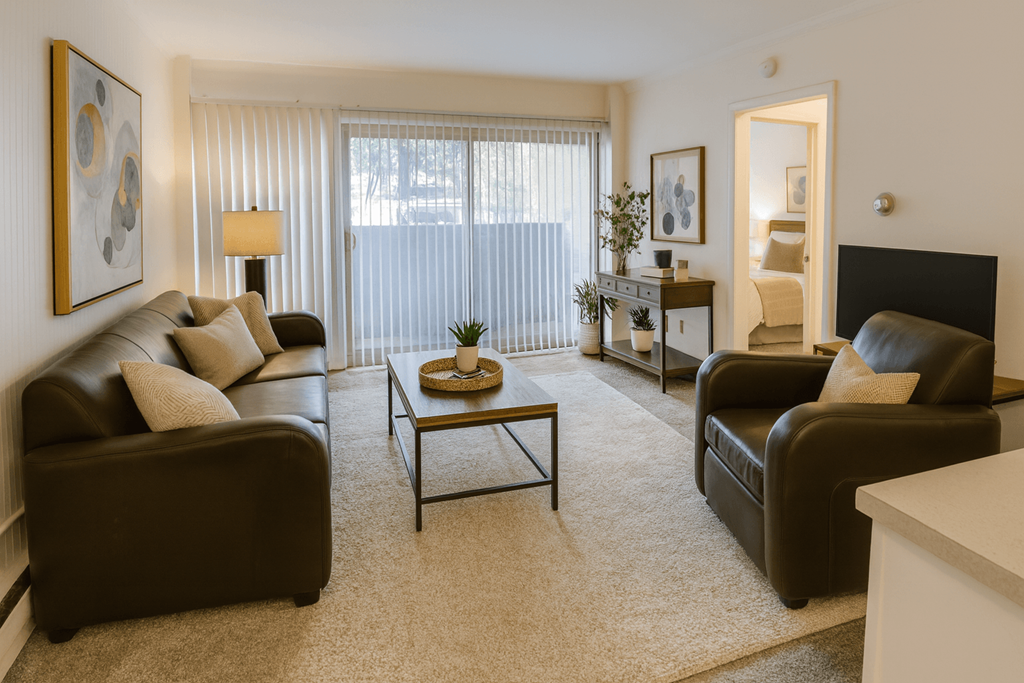A living room with brown leather furniture and a large window with blinds.