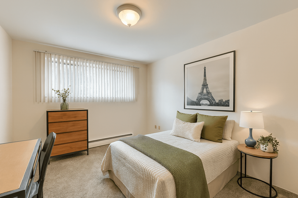 A bedroom with a bed, nightstand, and a painting of the Eiffel Tower on the wall.