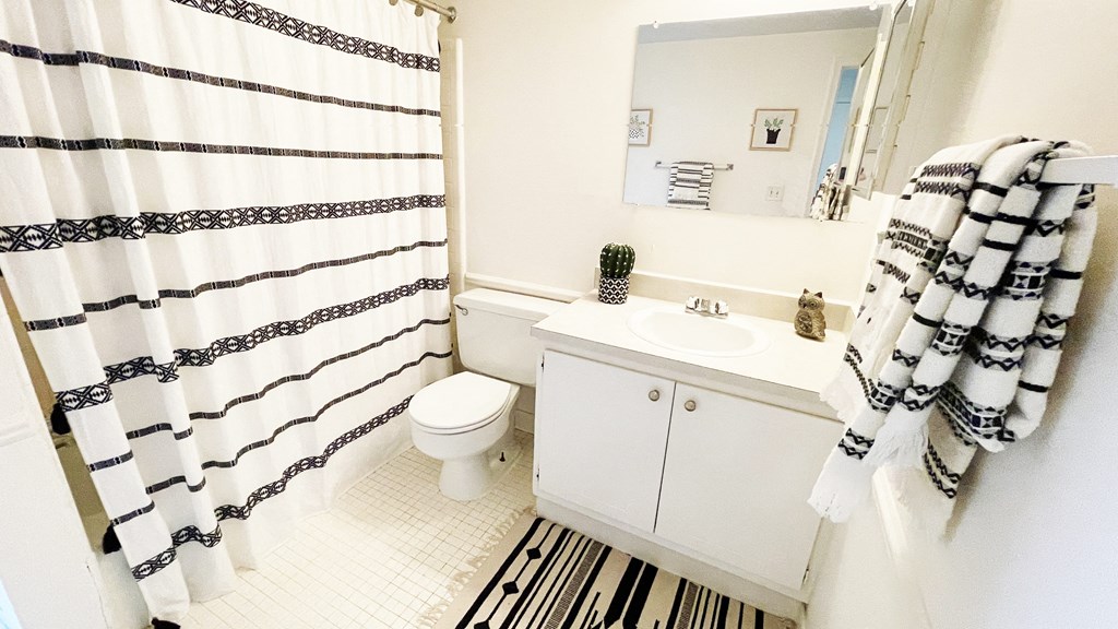 a black and white bathroom with a striped shower curtain