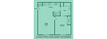A floor plan of a small apartment with a living room, kitchen, bathroom, and two bedrooms.