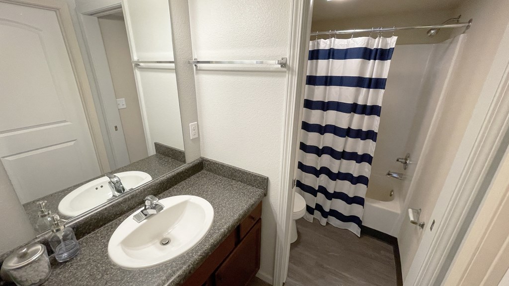 a bathroom with a sink and a shower and a curtain
