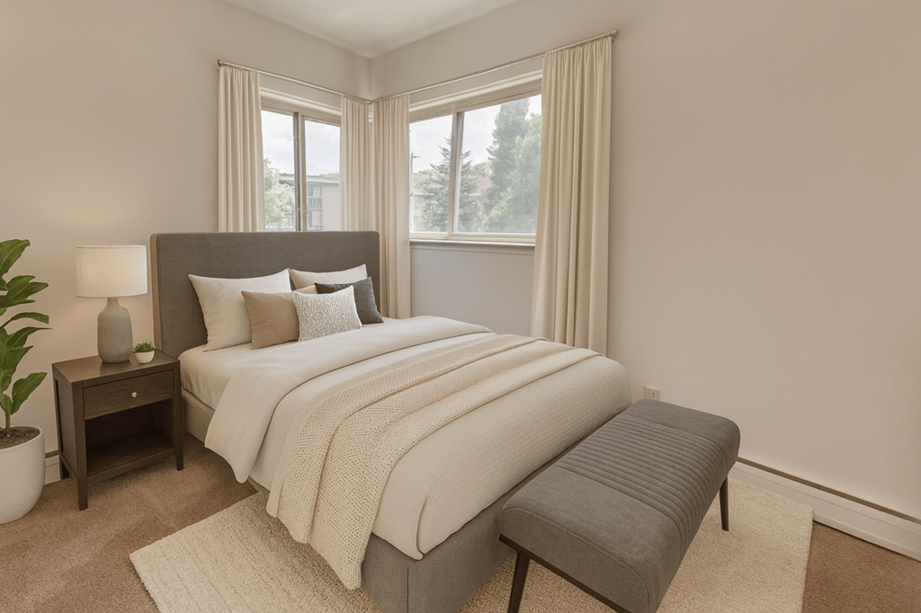 A bedroom with a large bed, a nightstand, a lamp, a potted plant, and a window with curtains.